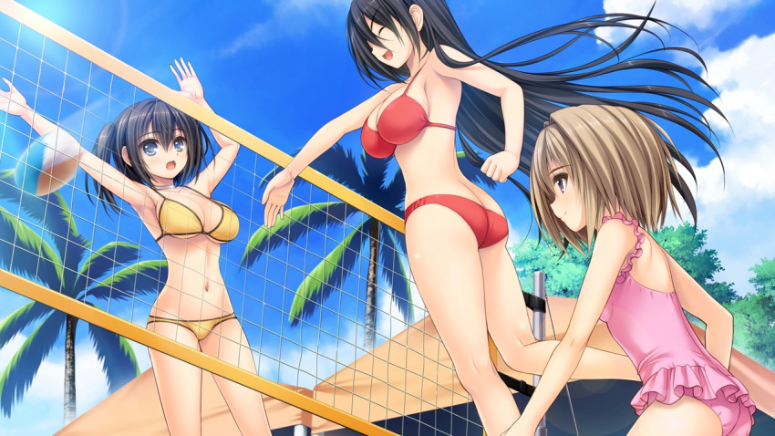 3girls, armpits, ass, beach_volleyball, bikini, black_hair, blue_eyes, breasts