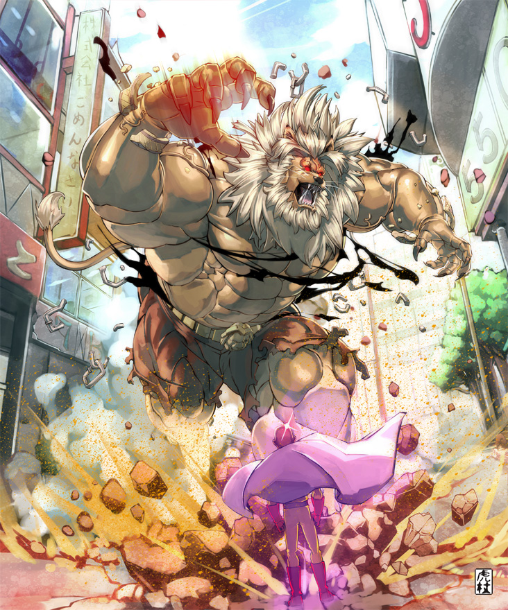 2boys, animal_ears, attack, aura, bald, beast_king_(onepunch_man), bodysuit, boots, broken, broken_chain, cape, chain, city, claws, dust, fangs, from_behind, gloves, glowing, glowing_eyes, height_difference, itadori_shuu, lion, lion_ears, lion_mane, lion_tail, multiple_boys, muscle, onepunch_man, red_eyes, rubble, saitama_(onepunch_man), size_difference, standing, tail, torn_clothes