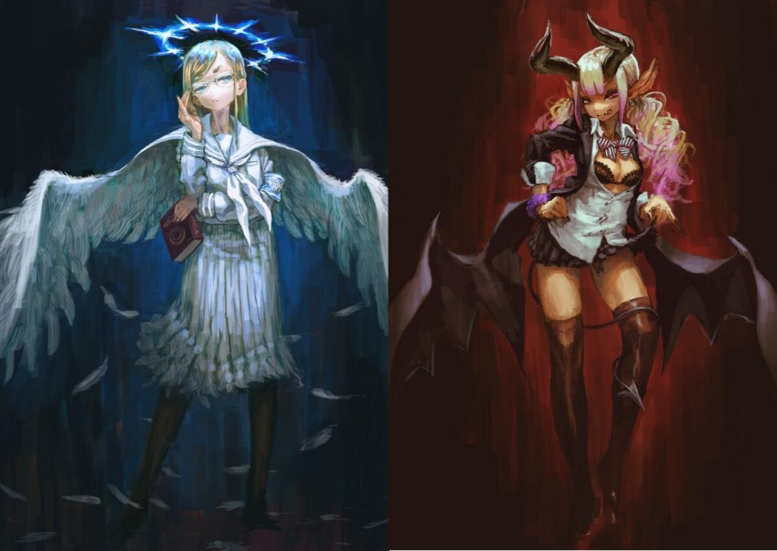 angel, blonde_hair, blue_eyes, book, bra, demon_girl, demon_horns, demon_tail