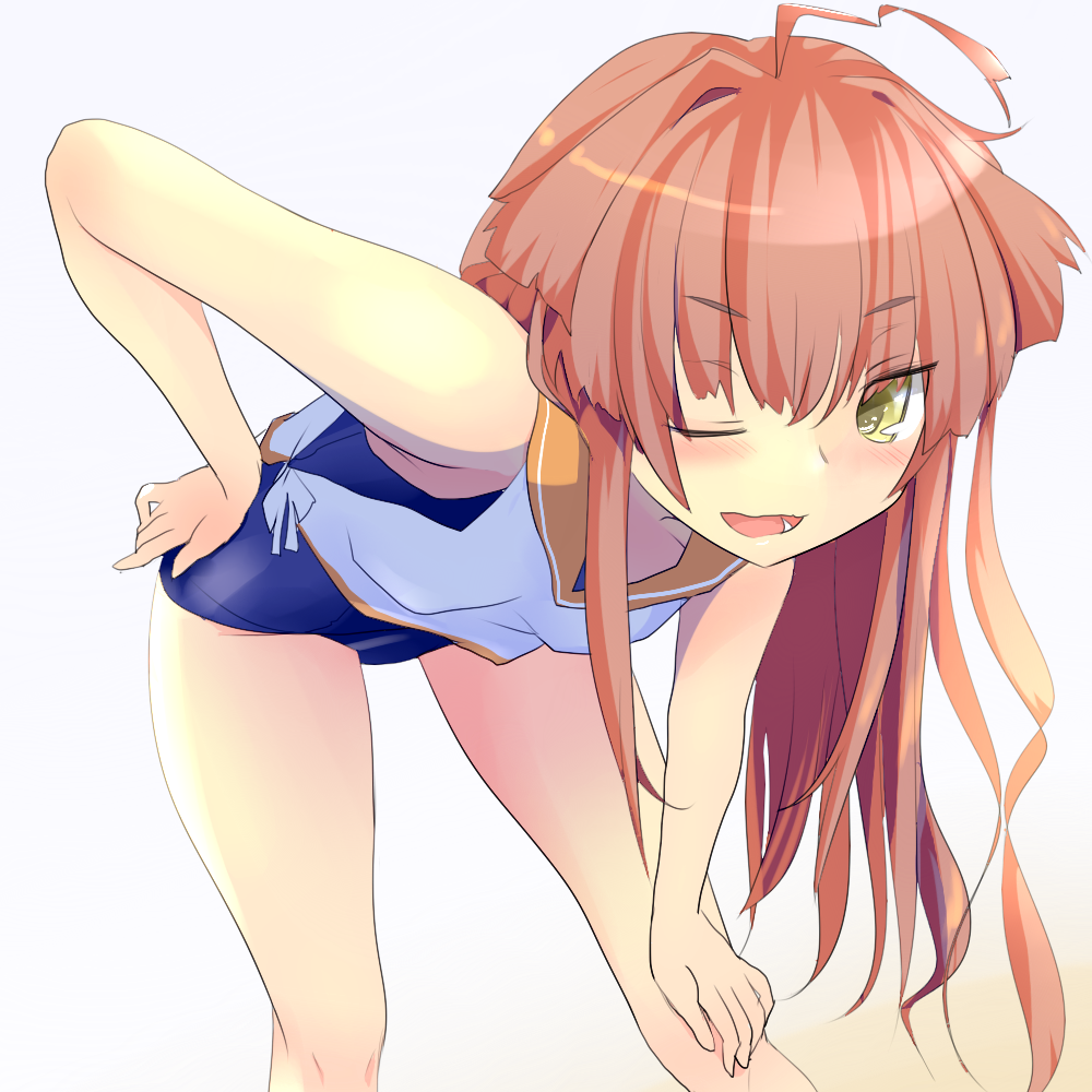 1girl, ahoge, alternate_costume, bare_shoulders, blush, brown_hair, commentary_request, cosplay, eyebrows, eyebrows_visible_through_hair, hand_on_hip, hand_on_own_knee, i-401_(kantai_collection), i-401_(kantai_collection)_(cosplay), ishikkoro, kantai_collection, kuma_(kantai_collection), leaning, leaning_forward, long_hair, looking_at_viewer, one-piece_swimsuit, one_eye_closed, open_mouth, sailor_collar, school_swimsuit, school_uniform, serafuku, solo, swimsuit, swimsuit_under_clothes, yellow_eyes