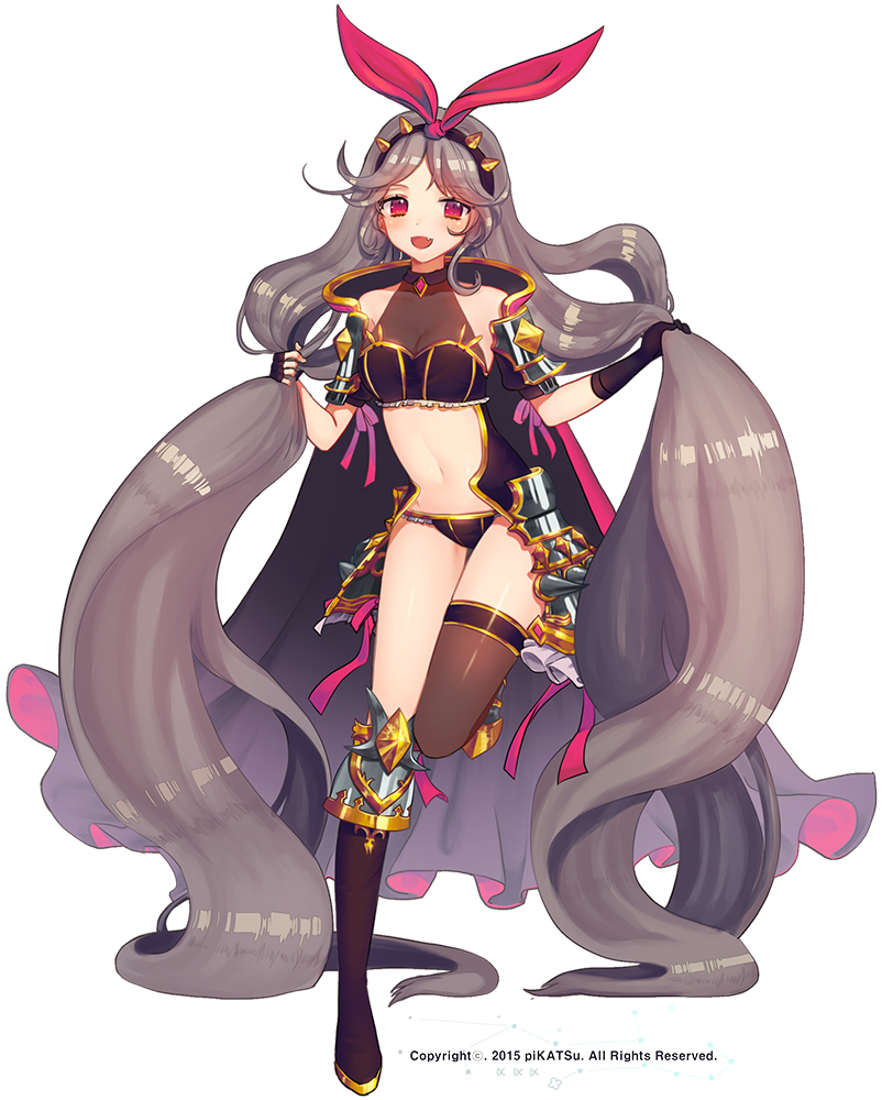 1girl, absurdly_long_hair, breasts, cleavage, crop_top, fang, full_body, long_hair