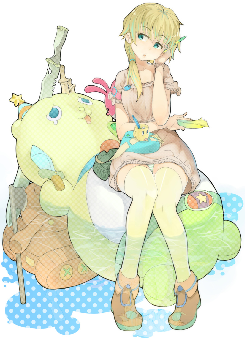 1girl, blonde_hair, blue_eyes, dress, highres, knife, long_hair, panties, pantyshot, pen, pinero, stuffed_toy, sword, thigh-highs, underwear, upskirt, weapon