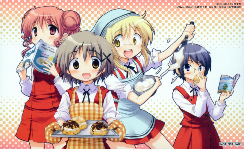 apron, bandana, black_hair, blonde_hair, blue_eyes, book, bowl, brown_eyes, brown_hair, cream, cream_puff, cream_puffs, egg_beater, glasses, hidamari_sketch, highres, hiro, long_hair, miyako, oven_mitts, pastry, pot_holders, sae, school_uniform, short_hair, whisk, yellow_eyes, yuno