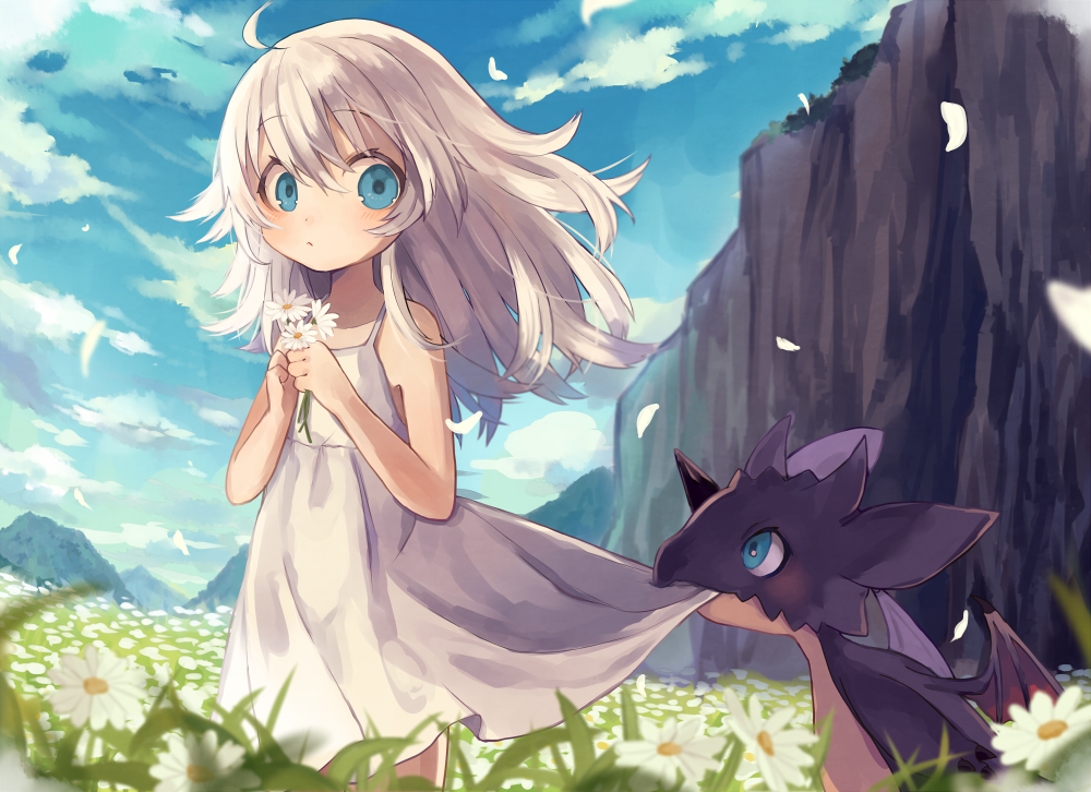 1girl, ahoge, bare_shoulders, blue_eyes, blush, child, dragon, dress