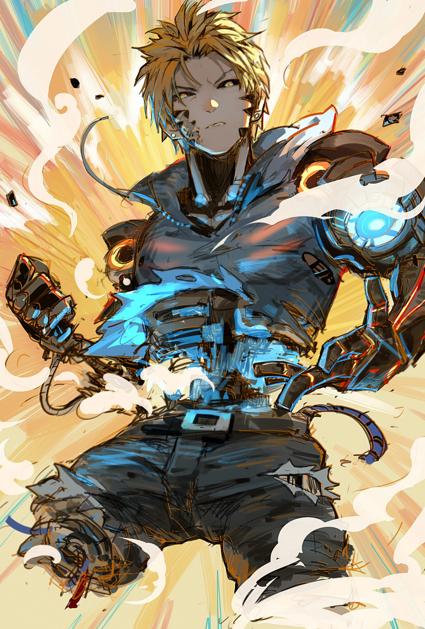 1boy, akumey, angry, belt, black_sclera, blonde_hair, brown_hair, charging