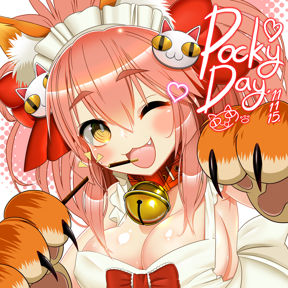 1girl, ;3, alcoholrang, animal_ears, apron, bell, bell_collar, blush