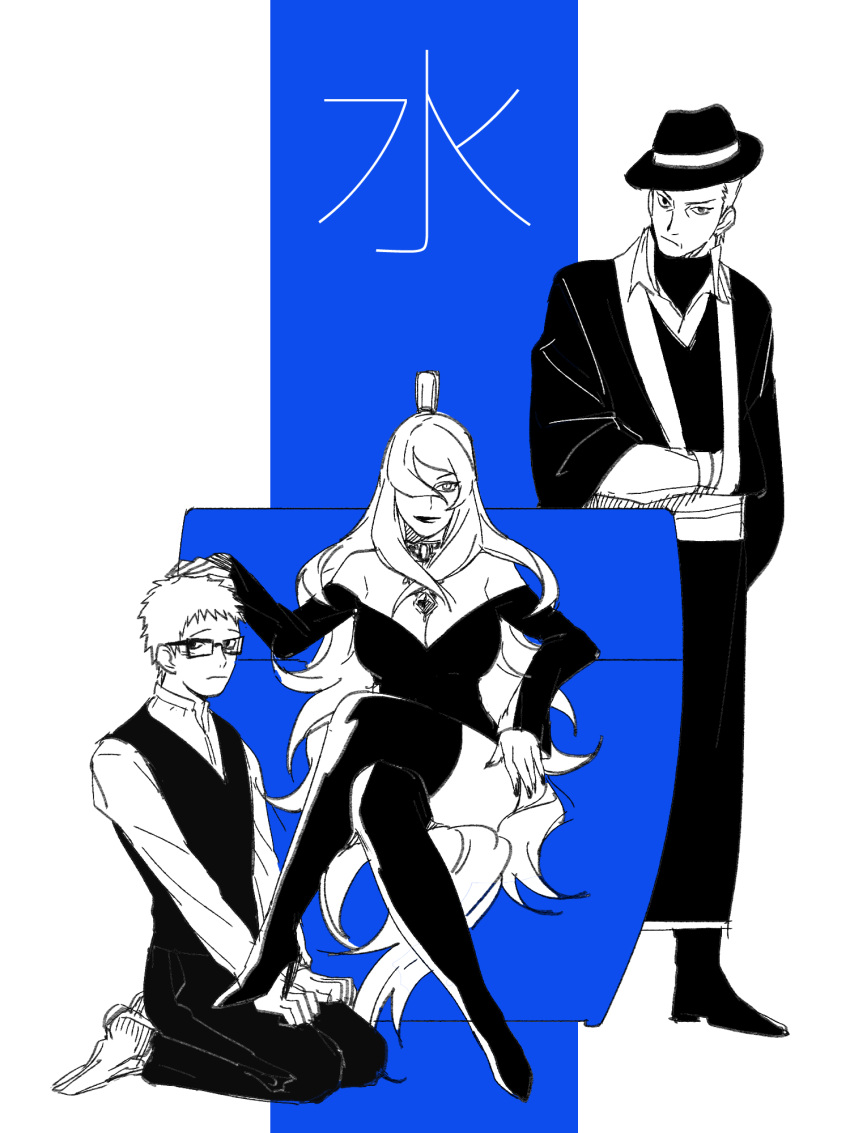 1girl, 2boys, ao_(naruto), breasts, choujuurou, cleavage, dress, earrings