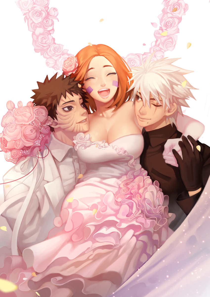 1girl, 2boys, absurdres, bouquet, brown_eyes, brown_hair, carrying, closed_eyes