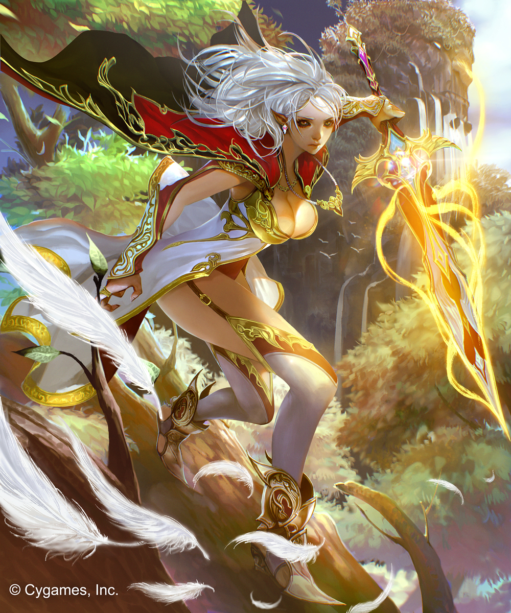 1girl, bird, branch, breasts, cleavage, dark_skin, earrings, elf