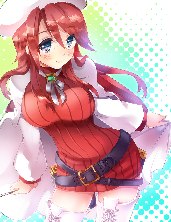 1girl, aty_(summon_night), blush, boots, breasts, cape, dress, glasses