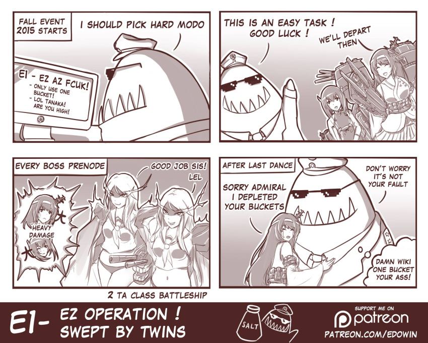 1boy, 4girls, admiral_(kantai_collection), comic, defense_of_the_ancients, dota_2, edwin_(cyberdark_impacts), fusou_(kantai_collection), highres, kantai_collection, md5_mismatch, monochrome, multiple_girls, salt_shaker, ta-class_battleship, taihou_(kantai_collection), tidehunter