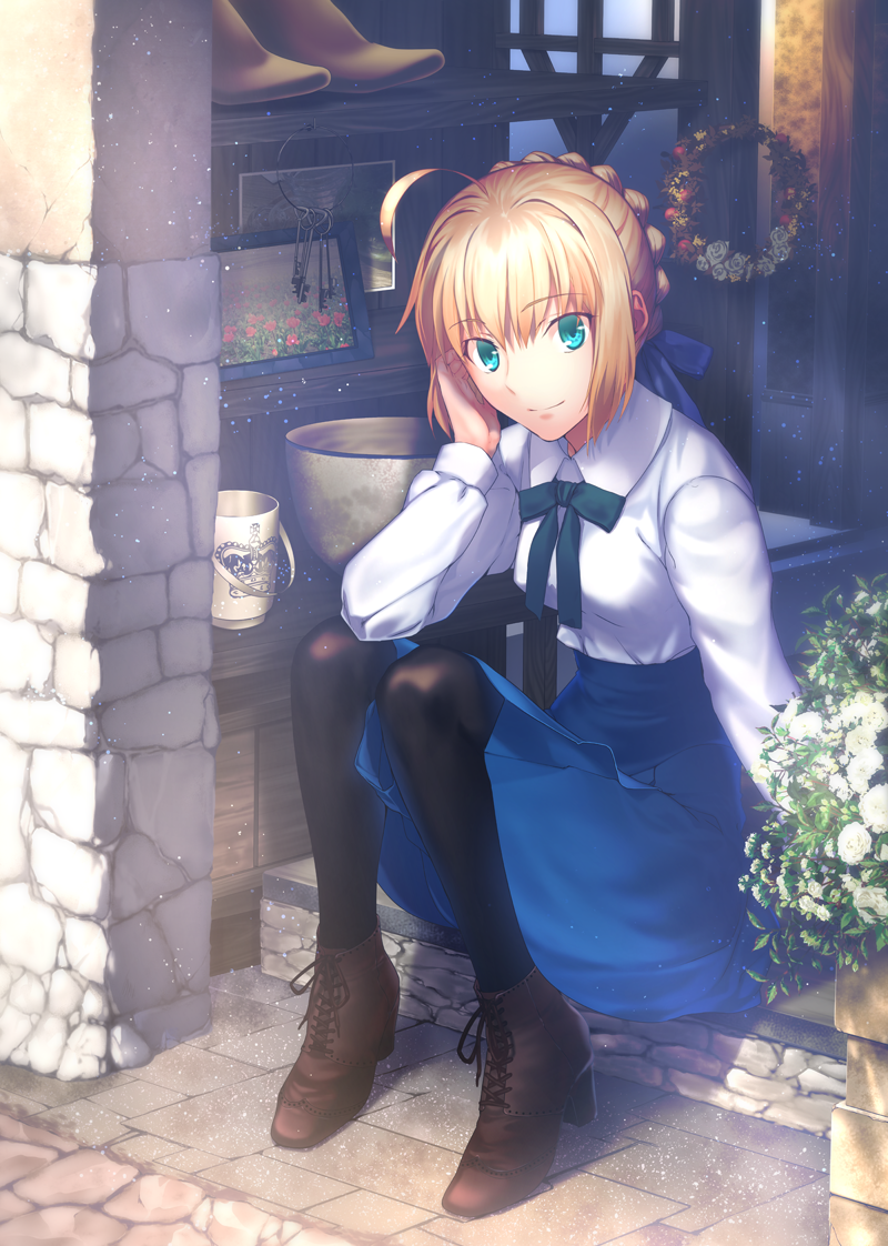1girl, ahoge, aqua_eyes, black_legwear, blonde_hair, blue_eyes, dress, fate/stay_night