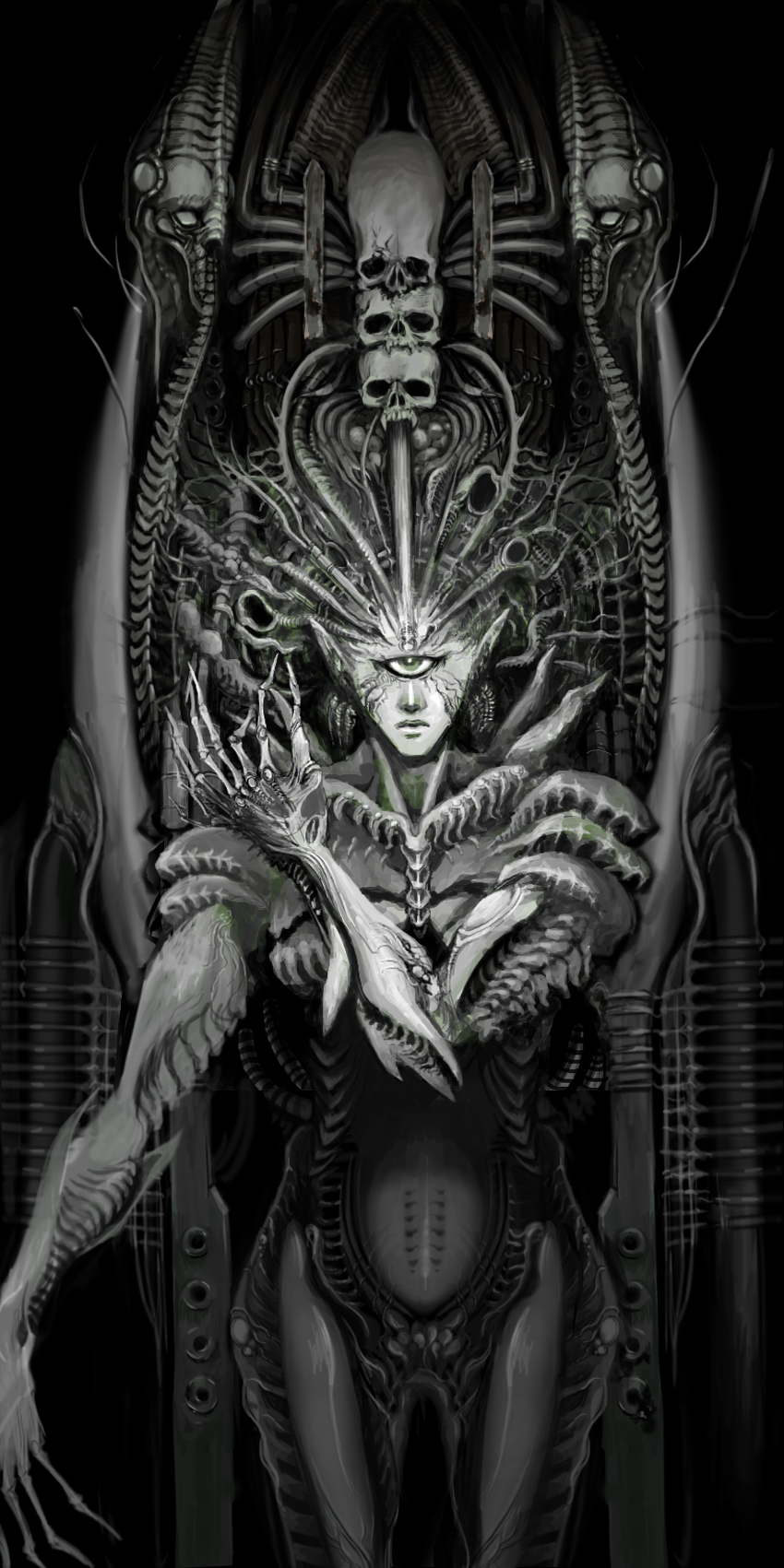 1boy, aso_(reciprocating_bicycle), cowboy_shot, green_eyes, grey, h.r._giger, h.r._giger_(style), highres, looking_at_viewer, lord_boros, male_focus, monochrome, nude, one-eyed, onepunch_man, parody, skull, solo, spiky_hair, style_parody, tube