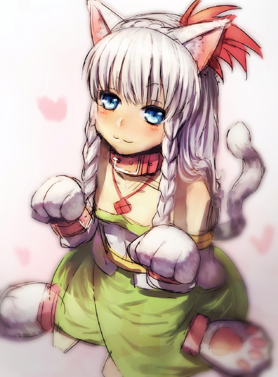 1girl, animal_ears, blue_eyes, blush, braid, cat_ears, cat_gloves, cat_tail, gloves, heart, highres, kyougoku_maria_(sengoku_basara), long_hair, meishin_(primum00), sengoku_basara, sitting, solo, tail, white_hair