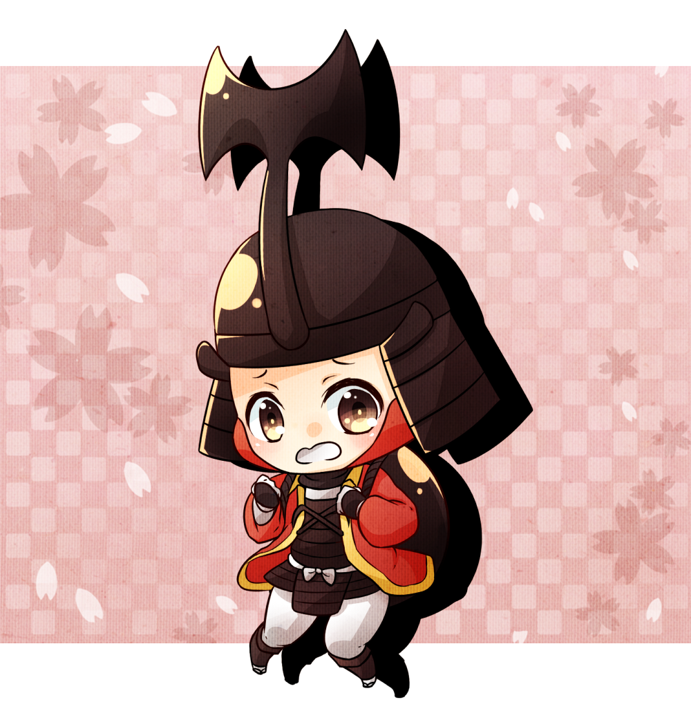1boy, armor, blush, brown_eyes, cherry_blossoms, chibi, gauntlets, gloves, helmet, japanese_armor, kobayakawa_hideaki, open_mouth, sengoku_basara, solo, udukisakuna