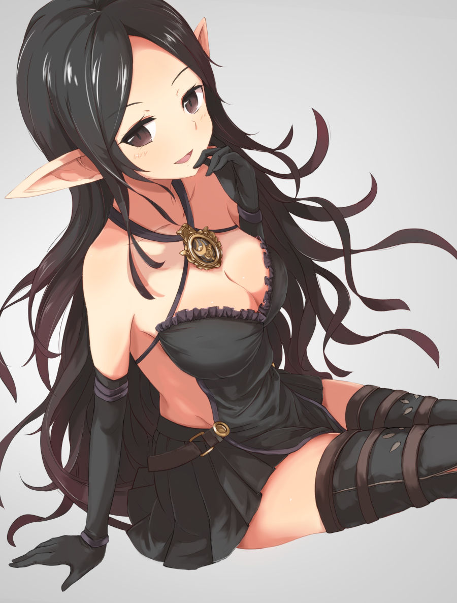 1girl, arm_support, backless_outfit, bare_shoulders, black_hair, breasts, brown_eyes, cleavage, collarbone, commentary_request, cowboy_shot, criss-cross_halter, elbow_gloves, elf, frill_trim, gloves, gotaishu, halter_top, halterneck, hand_on_own_chin, large_breasts, long_hair, looking_at_viewer, multicolored_hair, open_mouth, original, pleated_skirt, pointy_ears, simple_background, sitting, skirt, solo, thigh-highs, thigh_strap