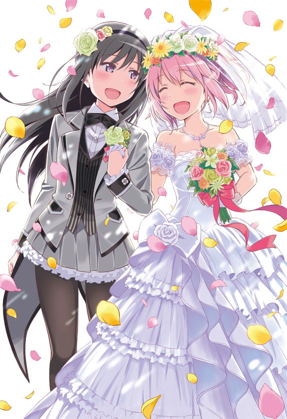 2girls, akemi_homura, ayukko_(forest_village), black_hair, bouquet, bow, bridal_veil, couple, dress, eyebrows, eyebrows_visible_through_hair, flower, frilled_dress, frills, gloves, hair_flower, hair_ornament, headband, jewelry, kaname_madoka, mahou_shoujo_madoka_magica, multiple_girls, necklace, pantyhose, petals, pink_hair, simple_background, skirt, tuxedo, veil, wedding, wedding_dress, white_background, wife_and_wife, yuri