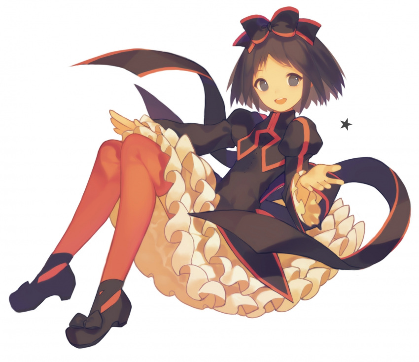 1girl, black_hair, brown_legwear, dress, frilled_skirt, frilled_sleeves, frills, full_body