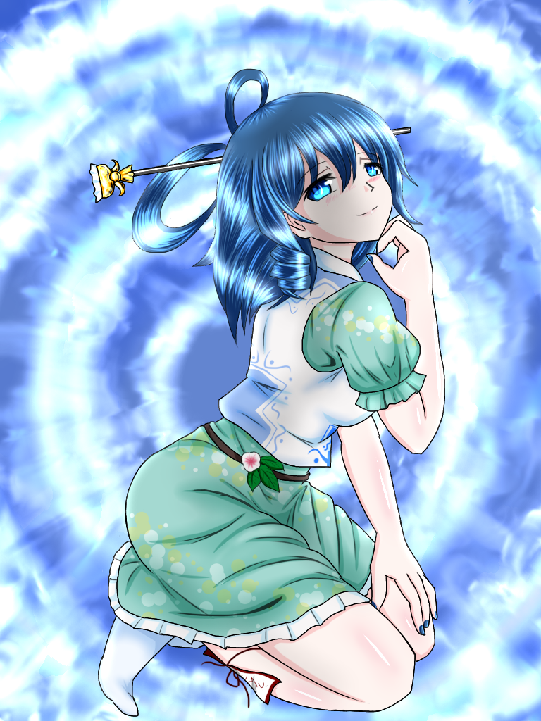 1girl, arched_back, belt, blue_eyes, blue_hair, blue_nails, dress, fingernails