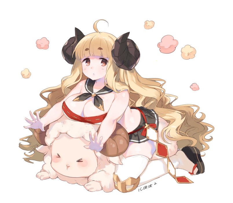 >_<, 1girl, ahoge, anila_(granblue_fantasy), bangs, blonde_hair, blunt_bangs, breasts