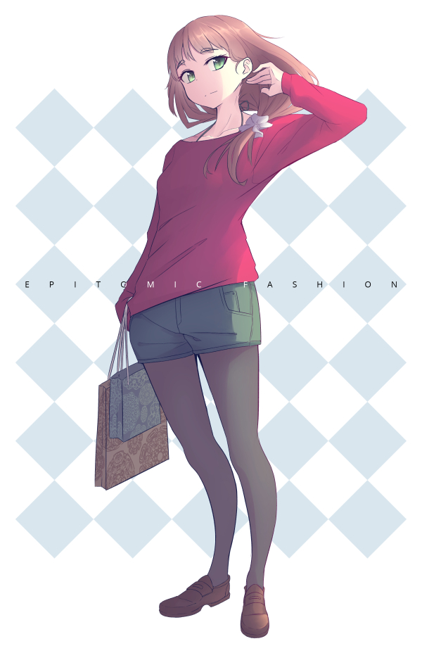 1girl, bag, black_legwear, brown_hair, brown_shoes, collarbone, fashion, full_body
