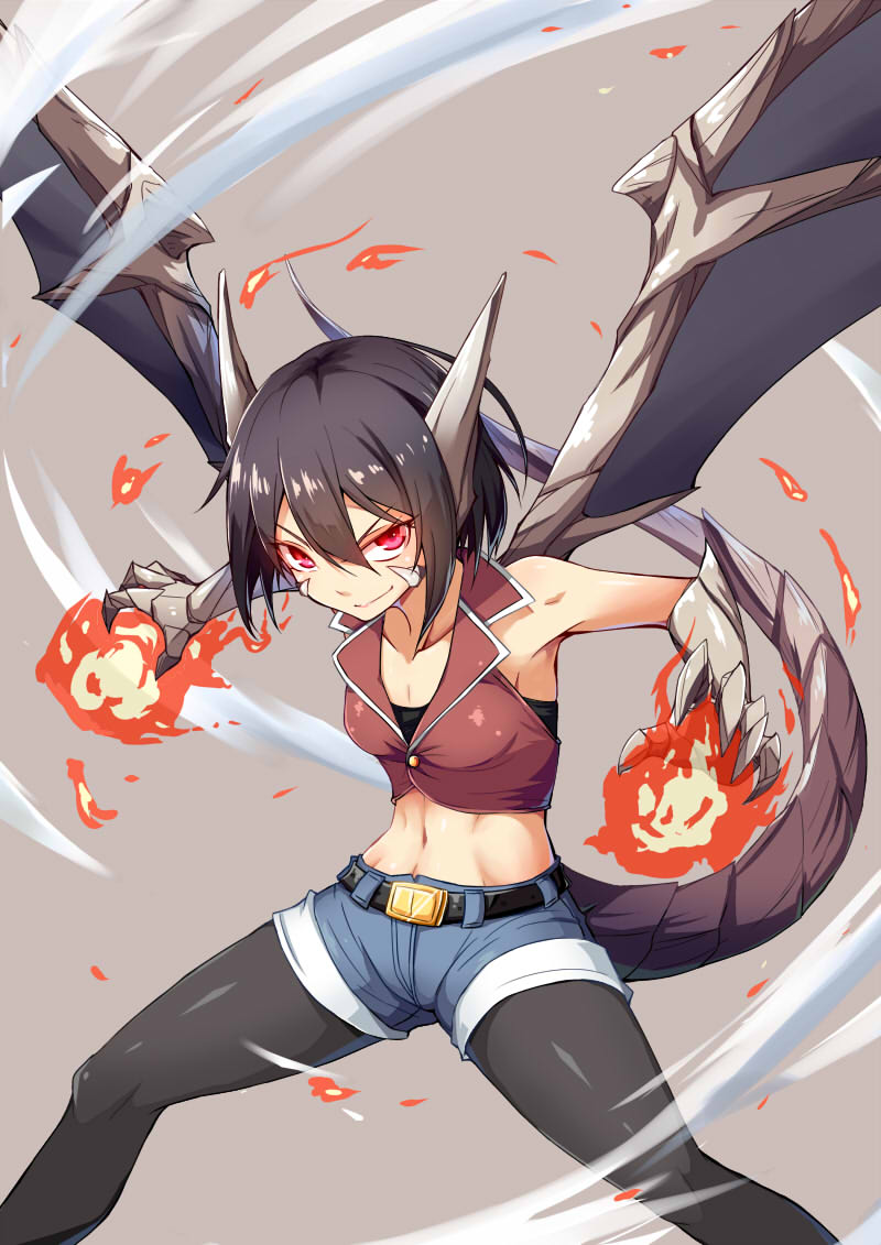 1girl, belt, black_hair, black_legwear, denim, denim_shorts, dragon_girl, dragon_horns