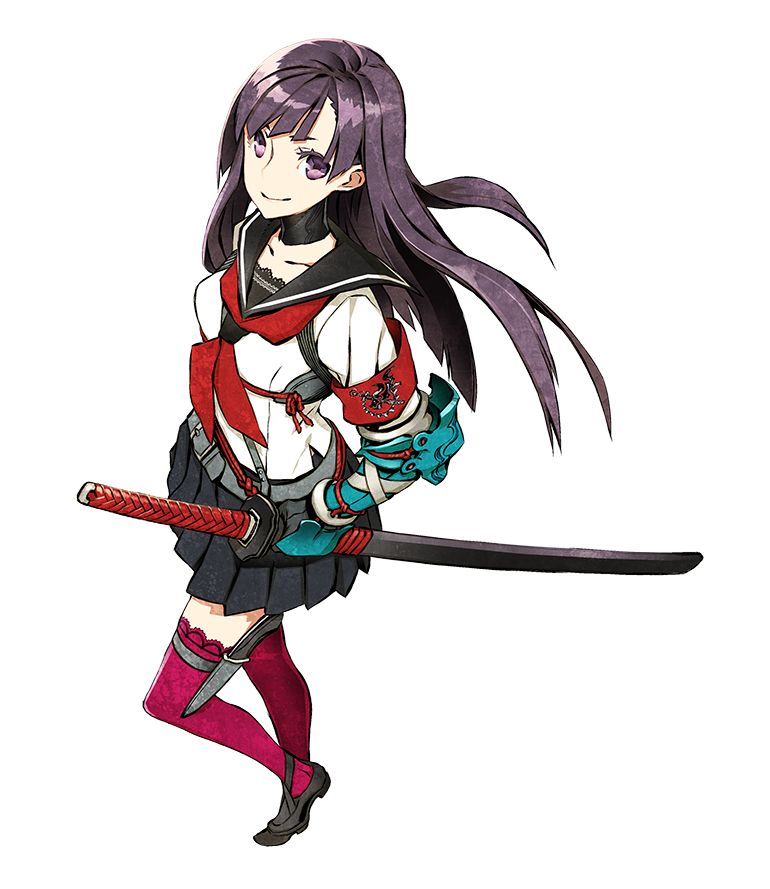 1girl, 7th_dragon_(series), 7th_dragon_2020, belt, black_hair, full_body, gauntlets, katana, knife, long_hair, looking_at_viewer, miwa_shirou, pleated_skirt, purple_legwear, samurai_(7th_dragon_2020), school_uniform, serafuku, sheath, sheathed, simple_background, skirt, smile, solo, sword, thigh-highs, thigh_strap, violet_eyes, weapon, white_background