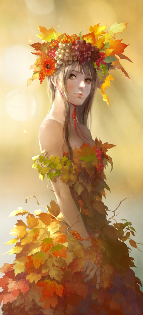 1girl, autumn, autumn_leaves, backlighting, bare_shoulders, berries, black_eyes, black_hair