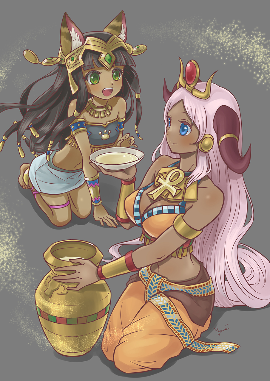 2girls, animal_ears, ankh, anklet, arm_support, armlet, bandeau, barefoot