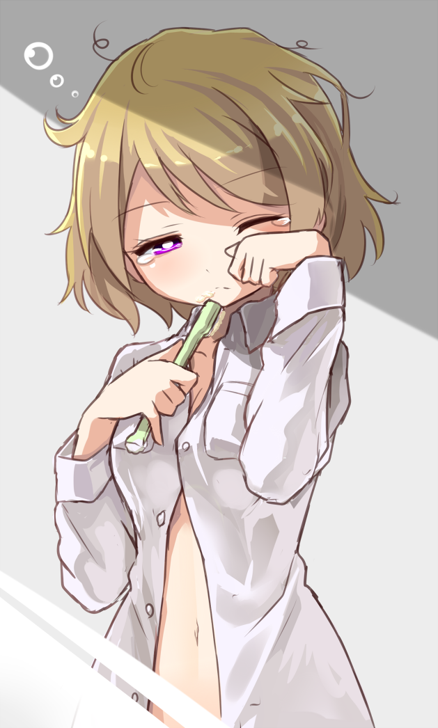 1girl, breasts, brown_hair, bubble, cleavage, commentary_request, koizumi_hanayo, love_live!_school_idol_project