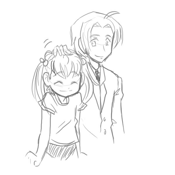 comic, hair_ruffle, happy, ibarazaki_emi, katawa_shoujo, monochrome, nakai_hisao, pe_uniform, school_uniform, smile, twintails