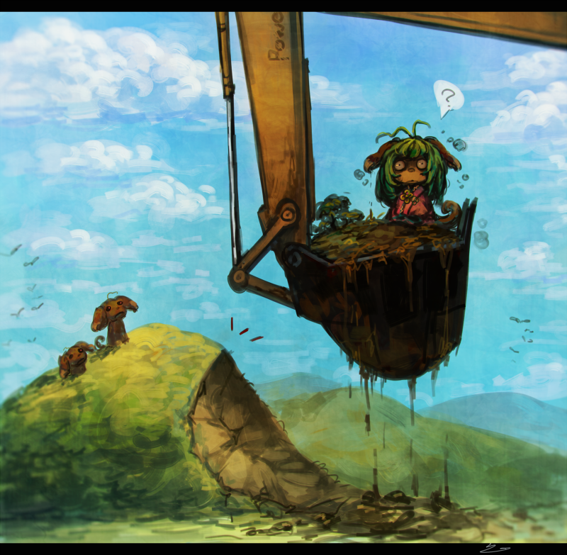 1girl, ?, animal_ears, bird, commentary, dirt, dress, excavator