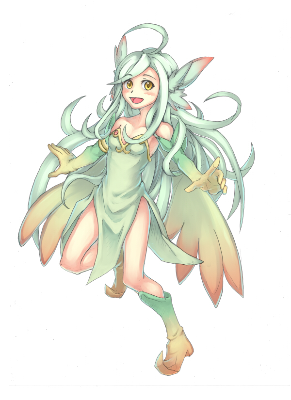 1girl, :d, ahoge, bare_shoulders, boots, dress, elbow_gloves, full_body