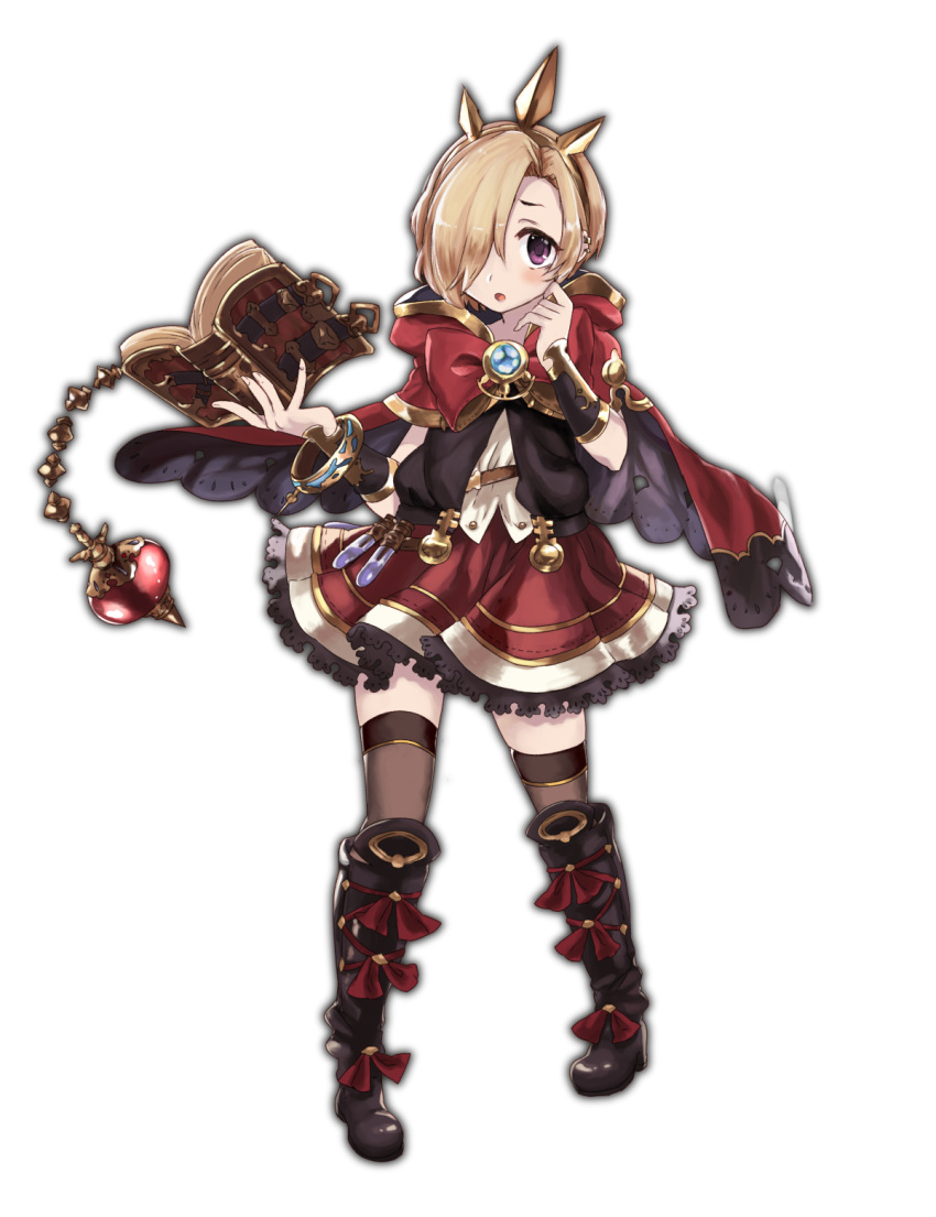 1girl, bags_under_eyes, black_legwear, blonde_hair, blush, book, boots, cagliostro_(granblue_fantasy), cagliostro_(granblue_fantasy)_(cosplay), cape, commentary_request, cosplay, crown, dress, earrings, full_body, granblue_fantasy, hair_over_one_eye, highres, idolmaster, idolmaster_cinderella_girls, jewelry, looking_at_viewer, maipou_(maihana), open_mouth, shirasaka_koume, short_hair, solo, thigh-highs, violet_eyes