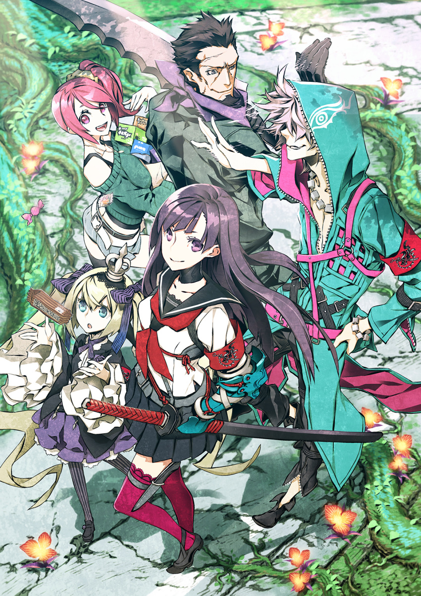 2boys, 3girls, 7th_dragon_(series), 7th_dragon_2020, aoi_(7th_dragon_2020), black_hair, blonde_hair, crown