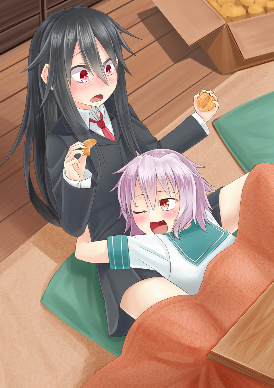 2girls, black_hair, black_skirt, blazer, blush, box, cardboard_box, commentary