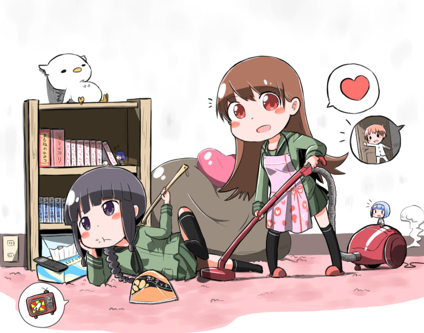 1boy, 2girls, admiral_(kantai_collection), apron, backscratcher, black_hair, blush_stickers, book