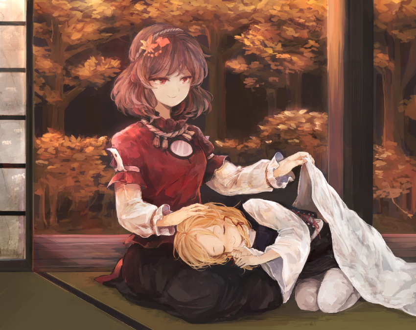 2girls, autumn, blonde_hair, closed_eyes, forest, hair_ornament, hat, indoors