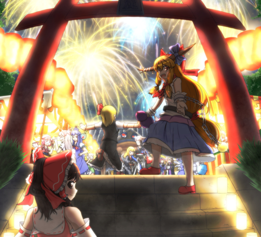 1boy, 6+girls, alternate_costume, bird_wings, blonde_hair, blue_hair, brown_hair, cirno