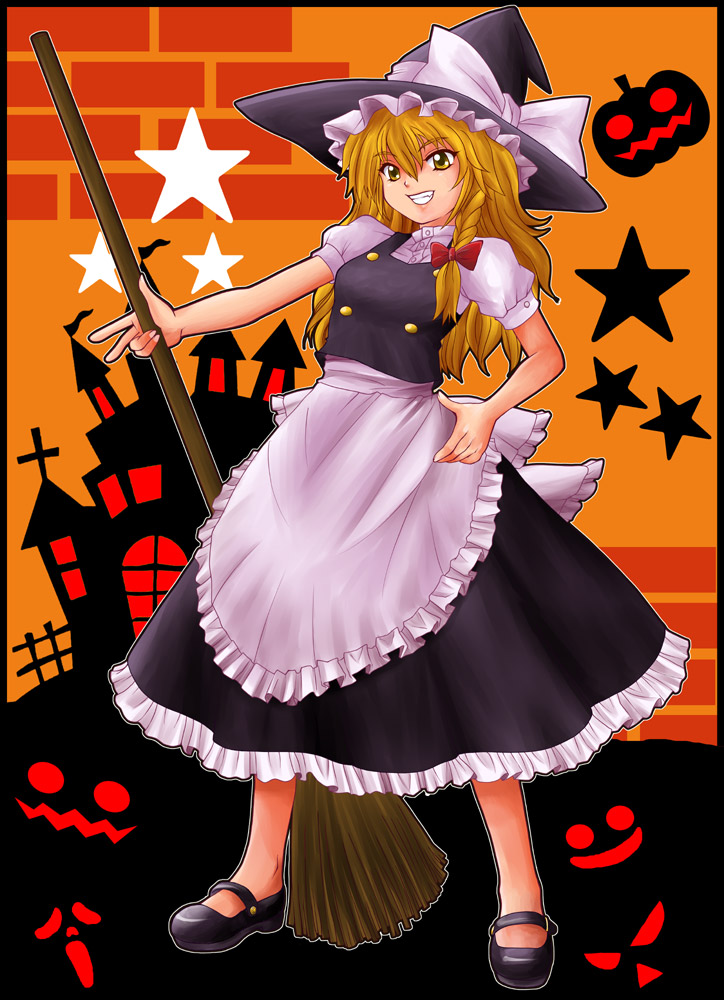 bad_id, blonde_hair, braid, broom, grin, hat, jack-o'-lantern, jack-o-lantern
