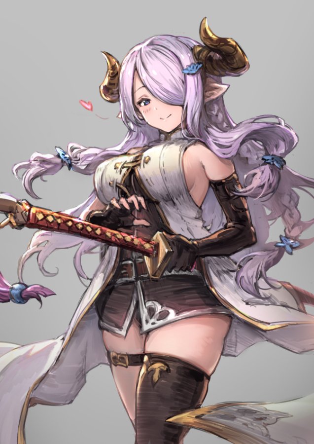 1girl, belt, black_gloves, black_legwear, blue_eyes, braid, breasts, demon_horns