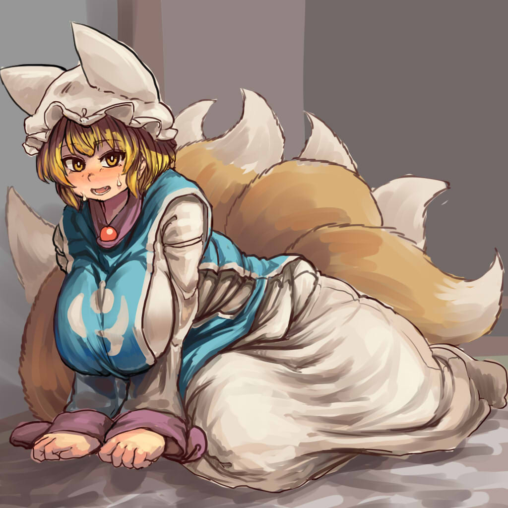 1girl, blonde_hair, blush, breasts, chanta_(ayatakaoisii), fox_tail, full_body, hanging_breasts