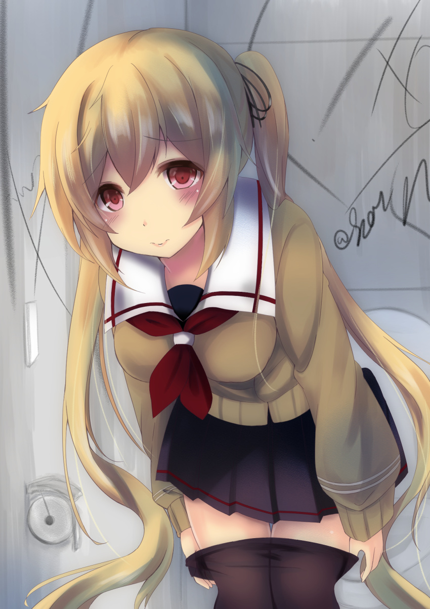 1girl, bathroom, black_legwear, black_serafuku, black_skirt, breasts, brown_eyes, brown_hair