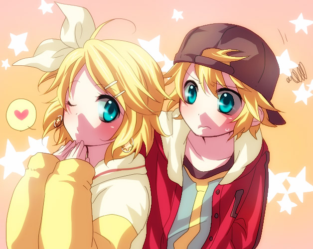 blonde_hair, blue_eyes, blush, casual, earrings, embarrassed, hair_ornament, hair_ribbon, hairclip, hat, heart, ik, izumi_kouyou, jewelry, juvenile_(vocaloid), kagamine_len, kagamine_rin, ribbon, short_hair, siblings, sweat, twins, vocaloid, wink