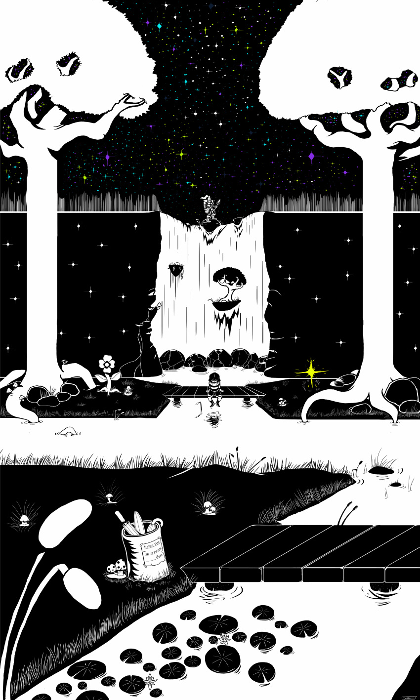 1girl, absurdres, androgynous, armor, bridge, frisk_(undertale), full_armor, highres, jonathon_dobbs, polearm, reflection, river, shirt, shorts, sitting, sky, spear, spot_color, star_(sky), starry_sky, striped, striped_shirt, tagme, undertale, undyne, water, waterfall, weapon