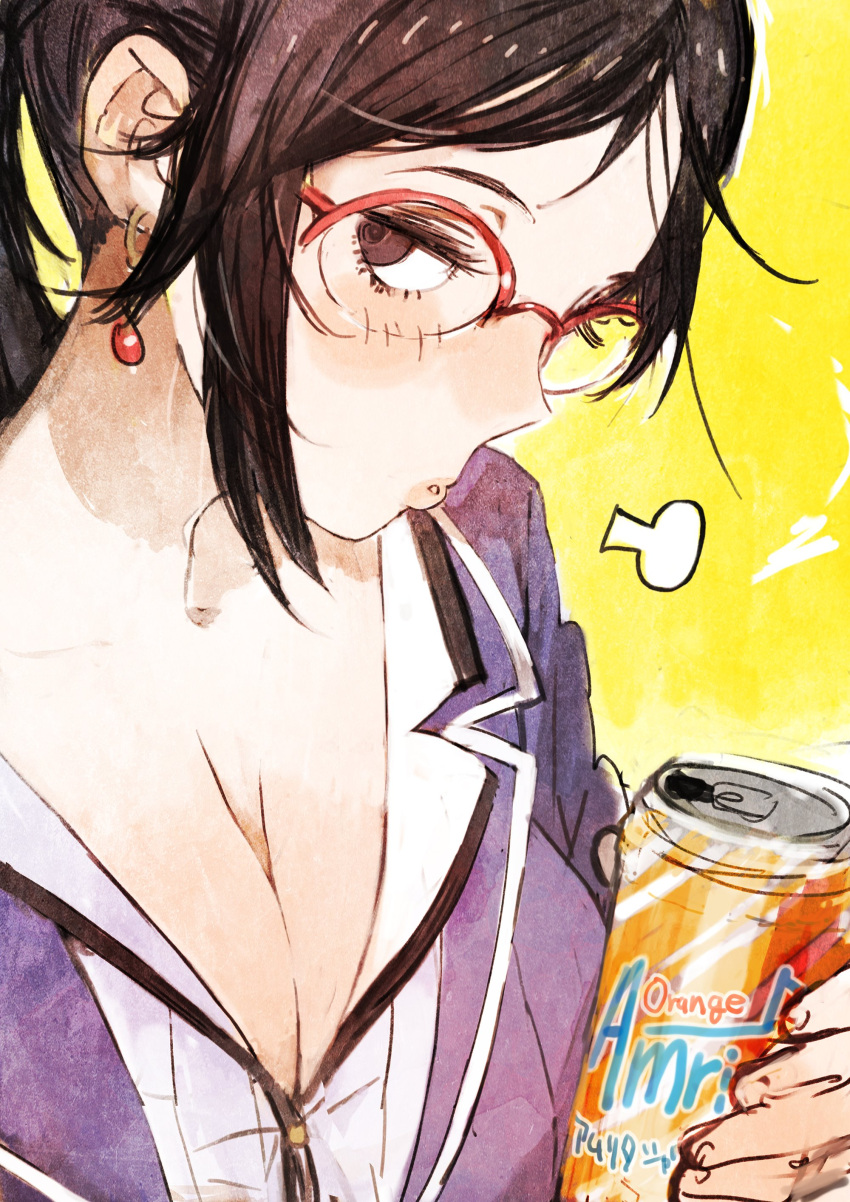 1girl, absurdres, breasts, brown_eyes, brown_hair, cleavage, drink, gen'ei_ibunroku_sharp_fe