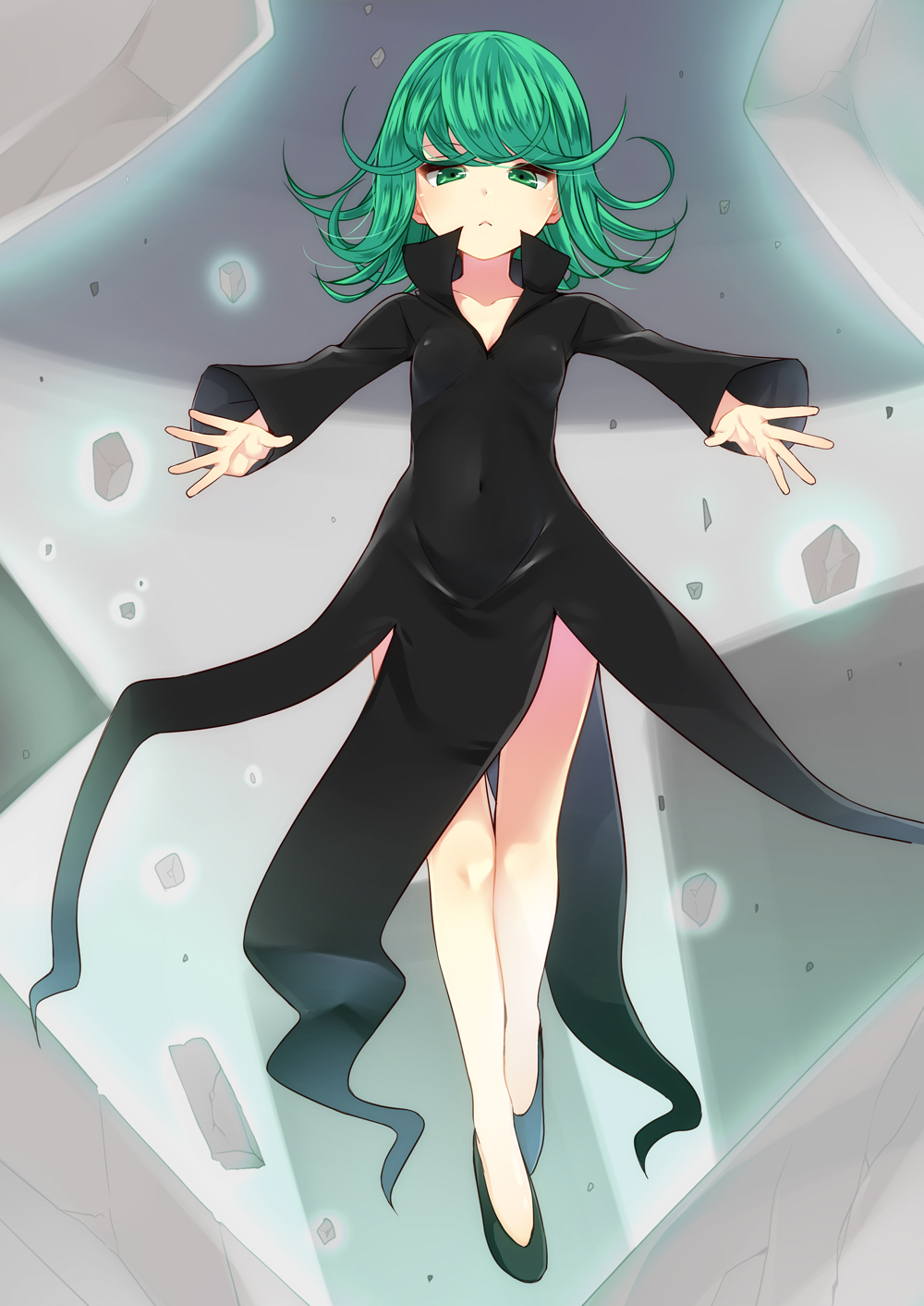 1girl, :<, black_dress, collarbone, covered_navel, dress, green_eyes, green_hair