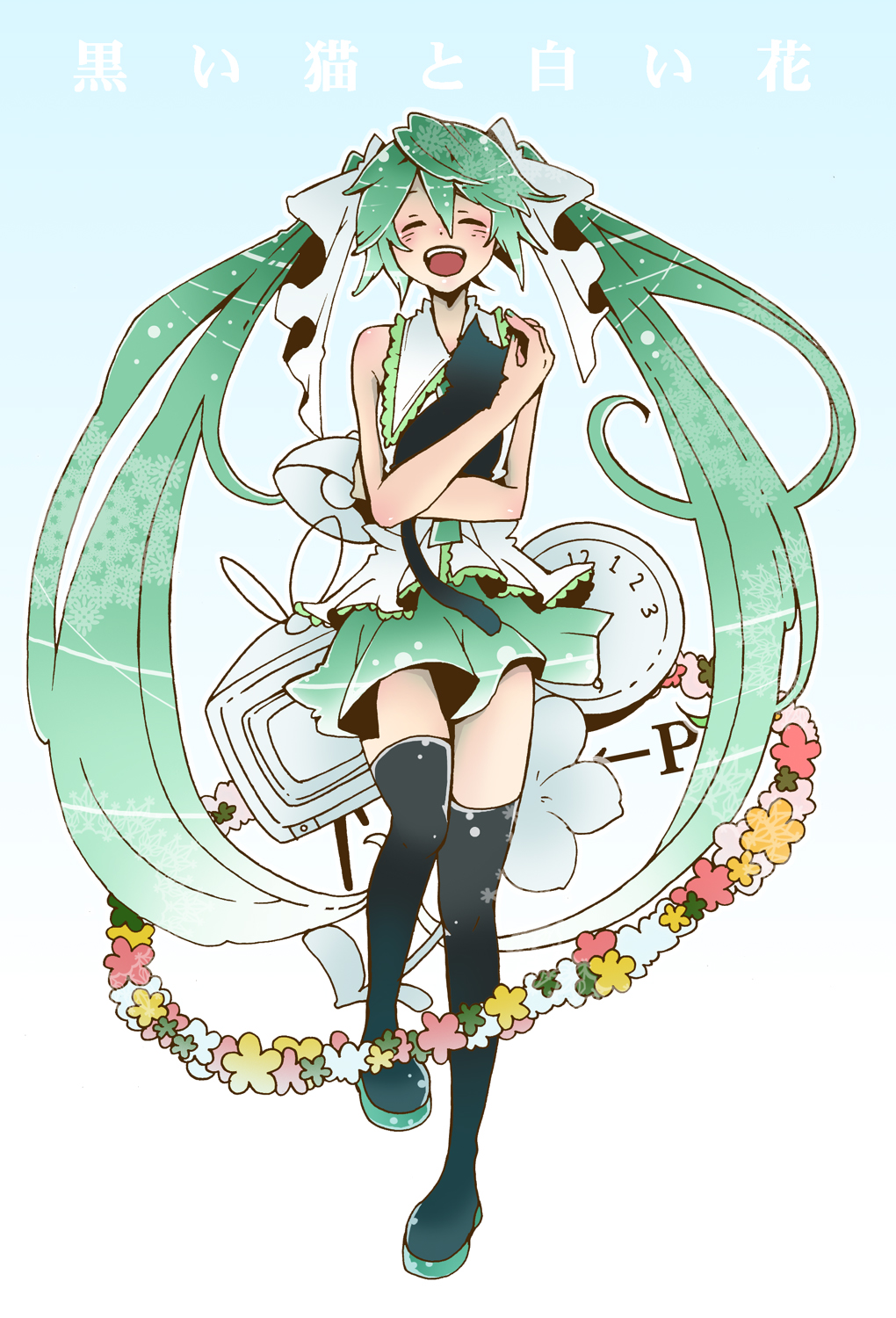 clock, closed_eyes, flower, hair_ribbon, hane_(artist), hane_amamidokoro, hatsune_miku, highres