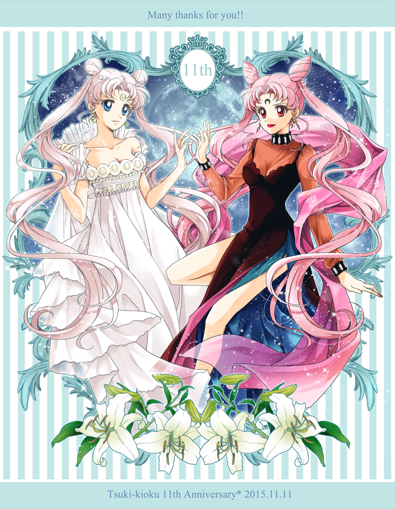 2015, 2girls, anniversary, bare_shoulders, bishoujo_senshi_sailor_moon, black_lady, blue_eyes, breasts