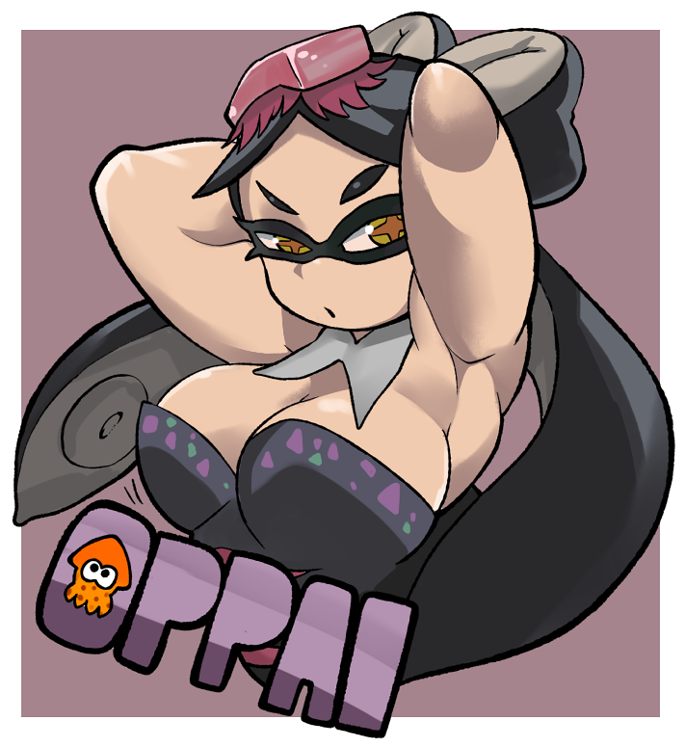 1girl, armpits, arms_up, black_hair, breasts, callie_(splatoon), cleavage, commentary_request
